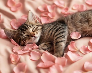 A kitten lounging on a bed of rose petals, the soft pink and red hues creating a luxurious, calming scene, flower, cute animal, relaxation, beauty