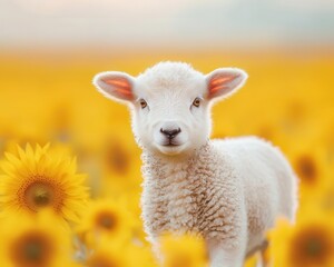 Fototapeta premium A small lamb prancing through a meadow dotted with sunflowers, golden petals contrasting with its woolly white coat, flower, cute animal, innocence, happiness