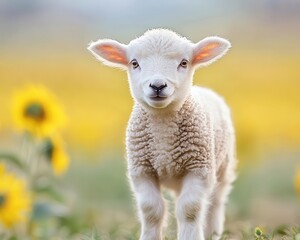 Obraz premium A small lamb prancing through a meadow dotted with sunflowers, golden petals contrasting with its woolly white coat, flower, cute animal, innocence, happiness