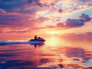 Obraz premium A person riding a jet ski during a vibrant sunset over calm waters.