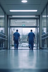 Fototapeta premium Two healthcare professionals in scrubs walk down a bright hospital hallway, representing dedication in the medical field. The environment is clean and professional.