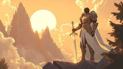 Majestic Knight Standing on Mountain Peak at Sunset, Clad in Armor, Holding Sword, Against a Dramatic Backdrop of Mountains and Clouds Beneath a Glowing Sun