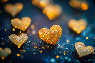 Fototapeta premium Glittering gold hearts on blue background - romantic and festive mood with sparkling bokeh