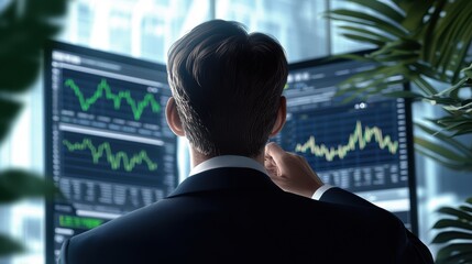 Fototapeta premium A professional observing market data on multiple screens, with financial graphs indicating trends and performance.