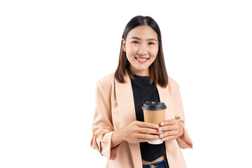 Fototapeta premium A smiling woman enjoying a coffee in a casual setting, dressed in a stylish blazer, on a white background.