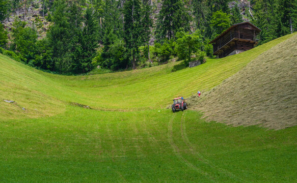 Heuernte in den Alpen an einem steilen Hang mit Traktor und Handarbeit