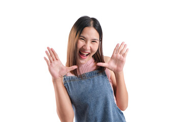 Happy woman posing enthusiastically with hands raised, isolated on white background.