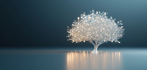 A luminous, artistic tree made of shimmering particles, set against a serene backdrop, creating a tranquil and magical ambiance