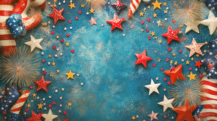 Festive patriotic celebration with american flags and stars on a vibrant blue background