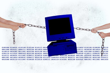 Composite photo collage of hands pull metal chain trap addiction pc monitor device freelancer...