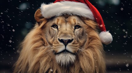 Portrait of a lion in Santa hat. Christmas background.