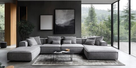 Modern sectional sofa in a contemporary living room with large windows and minimalist decor.