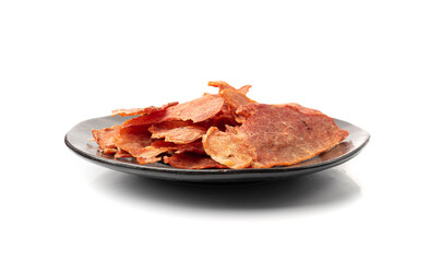 Meat Jerky Isolated, Dry Salted Chicken Slices, Small Pieces of Dehydrated Beef, Beer Snacks, Dried...