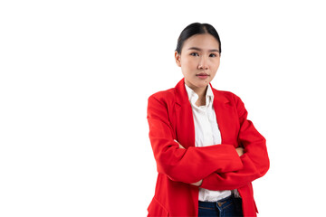 Confident woman in a red blazer standing with crossed arms against a white background.