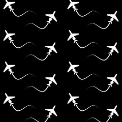 Fototapeta premium Airplane flight seamless pattern isolated on black background