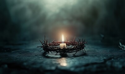 A crown of thorns placed on a simple wooden surface by candlelight