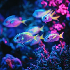 Fototapeta premium A school of colorful fish swim near coral in an aquarium.