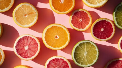 Fototapeta premium A Variety of Citrus Fruits Sliced in Half on a Pink Background