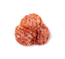 Salami chips isolated, wavy sausage slices, sliced dry chorizo, sausages thin pieces, pepperoni pizza ingredient