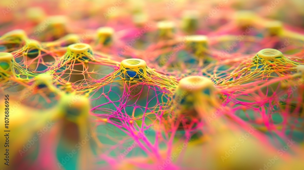 Poster abstract representation of complex neural network connections with bright colors and multicolored th