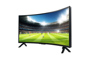 A curved television screen streaming a football game isolated on a transparent background
