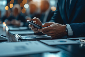 Business professional using smartphone during a corporate meeting