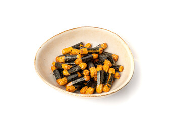 Senbei isolated, kaki no tane rice crackers, japanese crispy snack, sembei, okaki with wasabi, nori