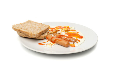 Breakfast with fried eggs, sausages, toasts and hot sauce isolated, simple nutritious morning food