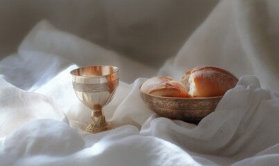 Photography of a communion chalice and bread, symbolizing the Eucharist, placed on white linen with soft light highlighting them