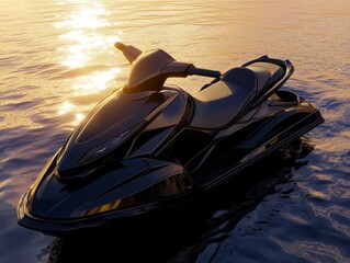 A sleek black jet ski floating on water during sunset, reflecting shimmering light.