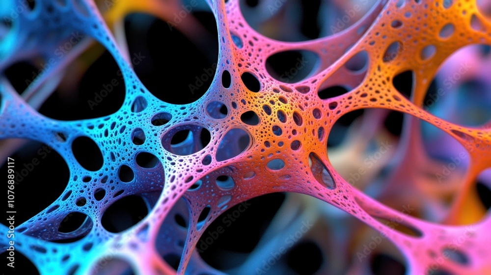 Poster colorful abstract network of interconnected cells with unique patterns and textures in a vibrant dis