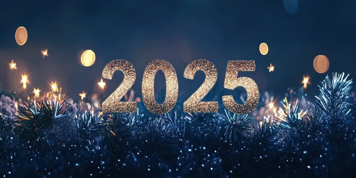 The year 2025 is represented in shimmering numbers against a backdrop filled with stars and cosmic dust, creating an enchanting atmosphere for new beginnings and celebrations.