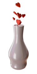 Red hearts fly out of the vase. 3D render without background.