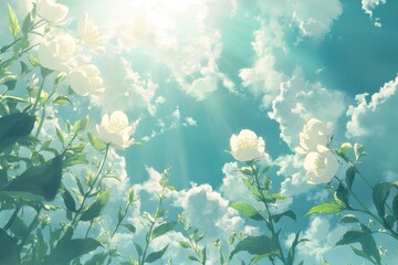 Naklejka premium Beautiful Flower Garden Under Bright Sky with Sunlight Streaming Through Clouds, Captured from Below with Lush Green Foliage Reaching Upward