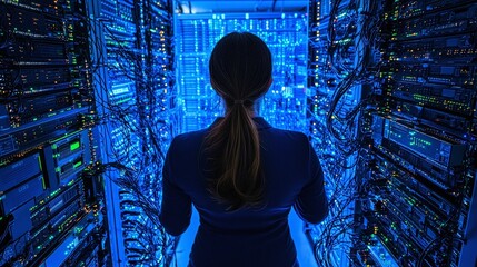 Female IT professional working in a dark server room surrounded by glowing data servers and intricate network cables, showcasing technology and innovation in the digital age