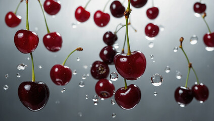 Many red cherries are in the air, with water droplets around them.

