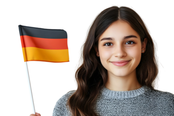 A young girl holding a german flag isolated on a transparent background