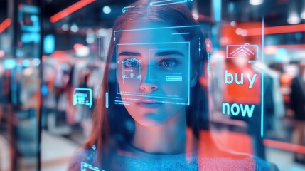 Young woman interacting with augmented reality interface in modern shopping environment, highlighting digital commerce and technology trends in retail space.