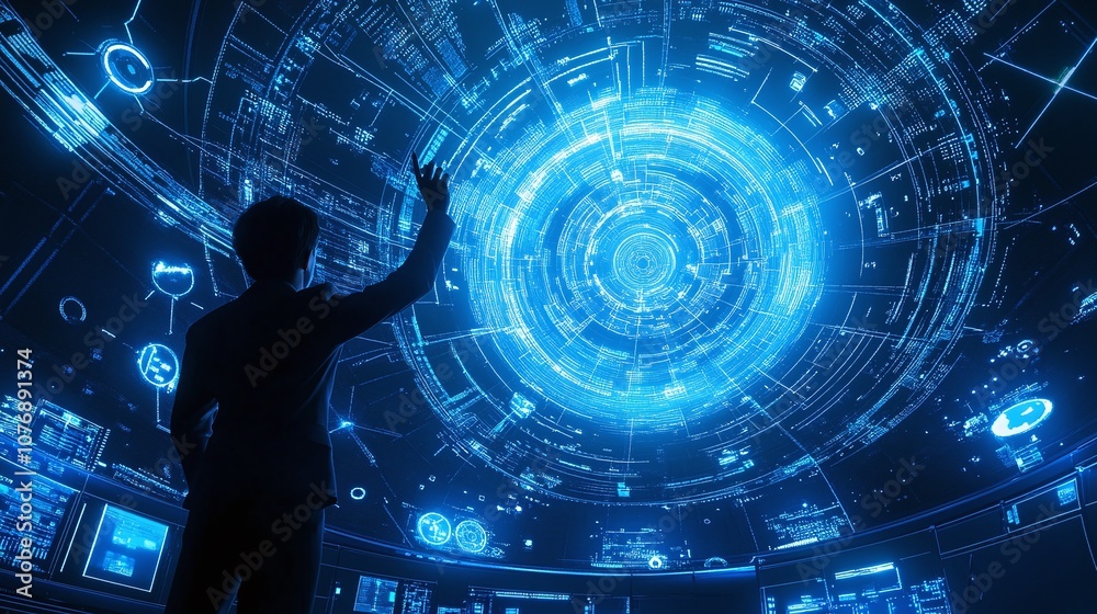 Poster futuristic visualization of a professional analyzing data with digital interface in a high-tech envi