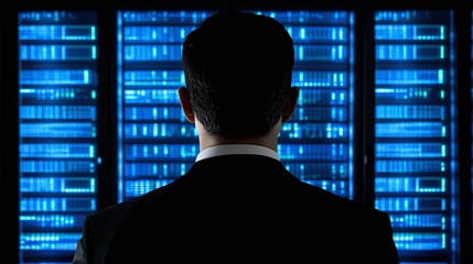 Man in Suit Overlooking Data Server Room with Blue Lights, Representing Technology, Cybersecurity, IT Management and Digital Information Storage Concepts