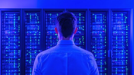 Man in Business Attire Observing High-Tech Server Room with Glowing Data Lights, Blue Tint, and Advanced Technology Background for IT and Networking Concepts