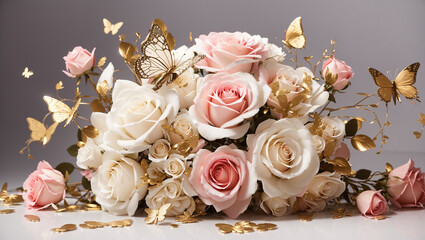 A large arrangement of pink and cream roses, decorated with gold butterflies and leaves.

