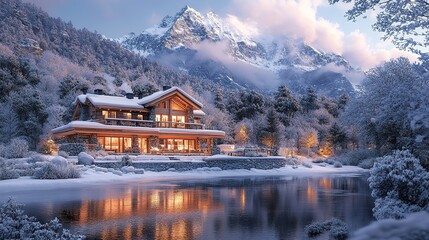 Fototapeta premium Depict an enchanting chalet surrounded by snow-capped mountains, exuding coziness and warmth against the winter, 4k Resolution