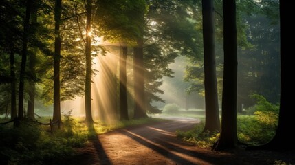 Fototapeta premium Soft Sunlight Streaming Through Trees on a Foggy Morning