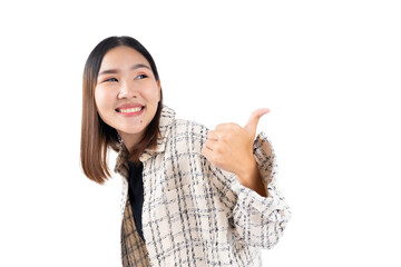 A smiling woman giving a thumbs up in a stylish outfit, isolated on a white background.
