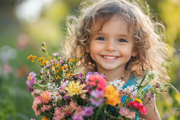 Fototapeta premium Smiling girl with a colorful bouquet outdoors