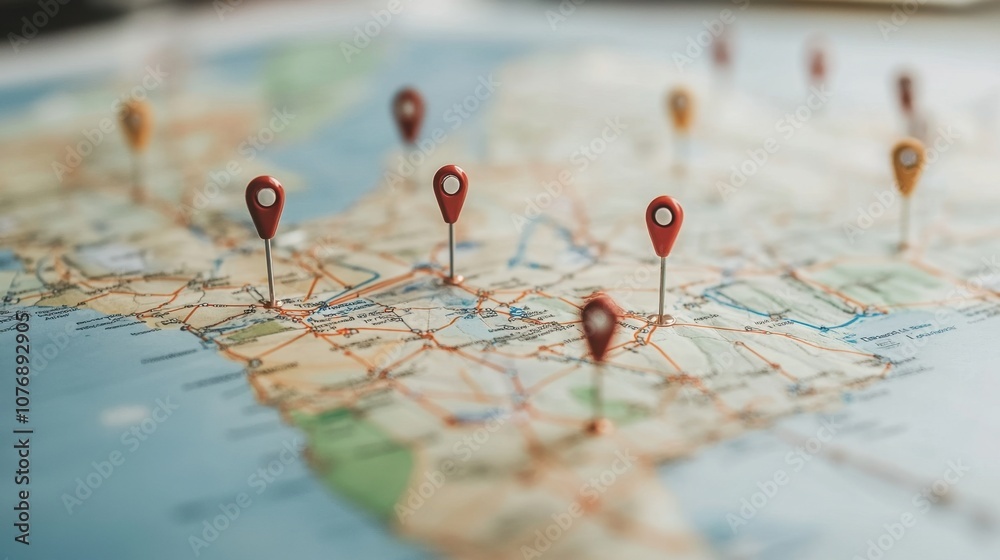 Poster colorful map with multiple location pins displayed prominently indicating various destinations, perf
