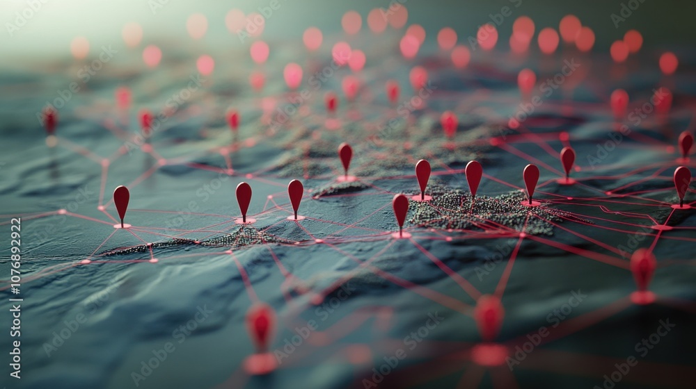 Poster detailed view of a digital map featuring multiple red location pins connected by glowing lines repre
