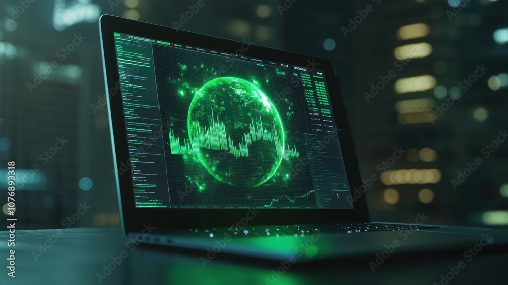 Poster digital screen displaying green data visualization with globe and graphs against cityscape backgroun