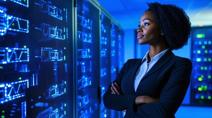 Professional Female Data Scientist Analyzing Complex Digital Data in Modern Server Room with Blue Light in High-Tech Environment